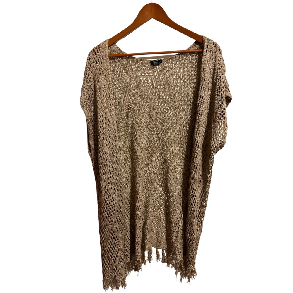 Rue21 Tan Open Knit Open Front Boho Longline Fringe Kimono Size M